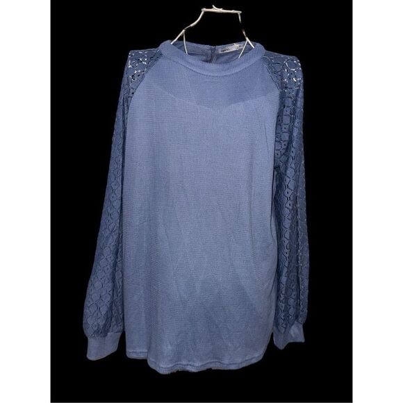 NEW WITH TAGS Mihol Blue Lace Crochet Long Sleeve Waffle Knit Frenchy Plus Size - Picture 1 of 8